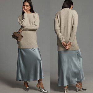 Anthropologie Cream Sweater with Blue Satin Midi Skirt